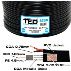 Cablu coaxial negru, RG6, 75Ohms, CCS + 2 x 0,75